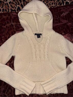 Abercrombie & Fitch Cream Cable-Knit Hooded V-Neck Sweater